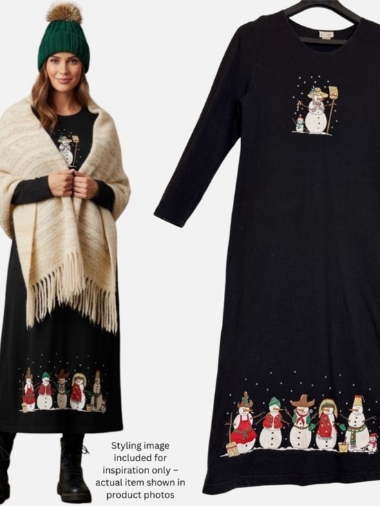 American Vintage Dresses & Skirts - VTG 90s Holiday Dress Christmas Snowmen Sm Black Long Midi Dark Academia